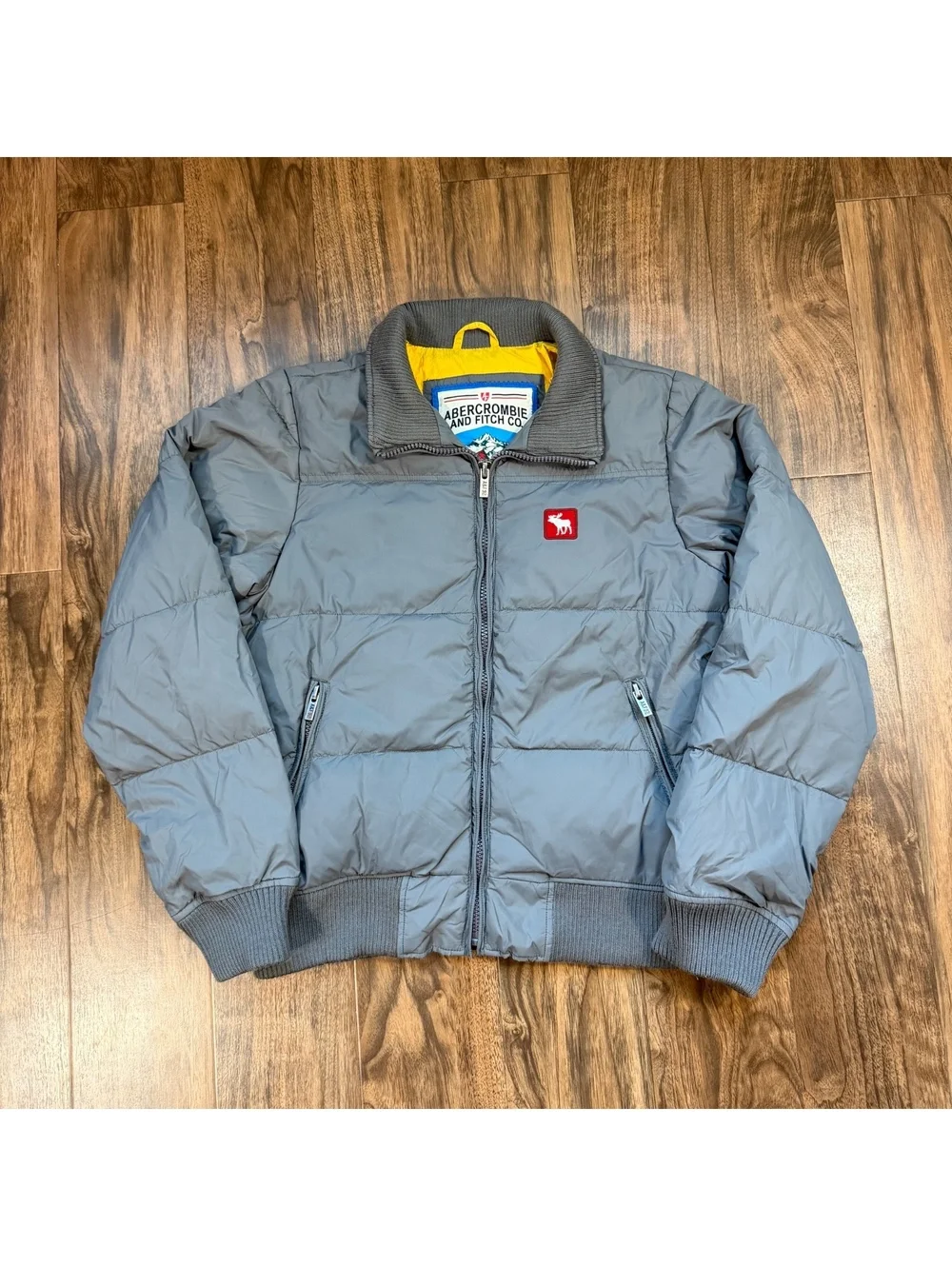 Vintage Y2K Abercrombie & Fitch Down Puffer Jacket Medium Grey Yellow Winter